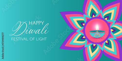 Diwali celebration card with rangoli and lamp diya with fire in flat style. Deepavali vector illustration for banners, social media