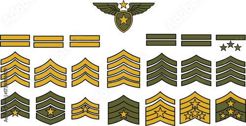 Collection of military rank insignia and badges featuring chevrons, stars, bars, and winged emblems in olive green and gold