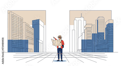 Lost in the city a tourist consults a map amidst urban buildings and skyline illustration
