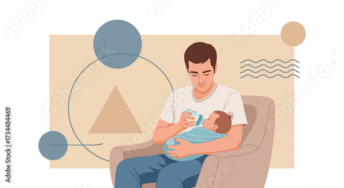 Loving father feeding his newborn baby with a bottle illustration for parenting concept vector