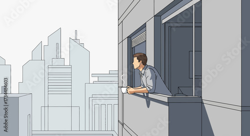 Man contemplates cityscape with coffee from apartment window in quiet serenity