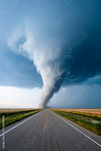 Tornado on Road: Empty Highway Leading to Tornado Thunderstorm in Rural Landscape – Resilience and Challange Concept