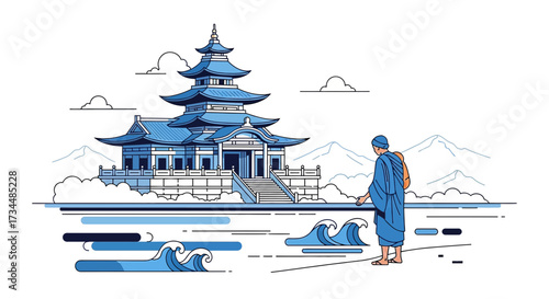 Minimalist illustration of a monk visiting a traditional asian pagoda by the sea with mountains
