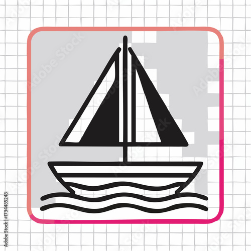 Vector illustration of a sailboat with black sails and a flag, sailing on water; nautical design; suitable for various graphic and design projects