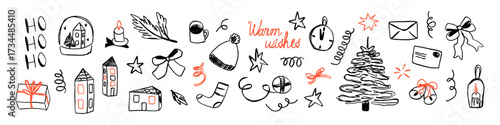 Set of hand drawn Christmas sketches. Decorative doodle elements with chalk, charcoal vintage texture such as bow, ribbon, stars, pine branch and candles. Contemporary naive vector illustration