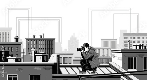 Monochromatic illustration of a photographer capturing urban landscape from rooftop viewpoint