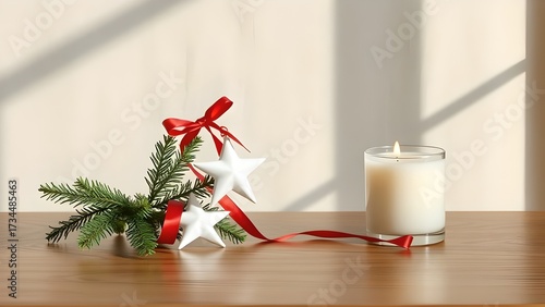 A vibrant Christmas table setting with candles and gold decorations sits beside a festive tree adorned with a red ribbon and ornaments