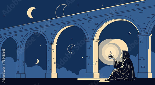 Mystical night scene featuring arched architecture and a cloaked figure with a lamp portraying