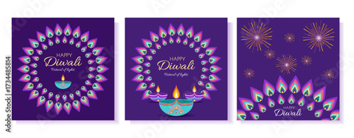 Collection of Diwali celebration cards with rangoli, fireworks  and lamp diya in flat style. Deepavali vector illustration for banners, social media