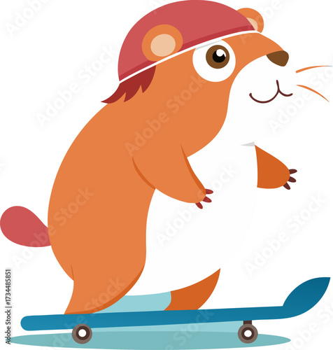 Cartoon beaver wearing helmet skateboarding with happy expression on white background