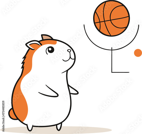 Cute hamster looking up at a basketball hoop ready to play a fun game indoors