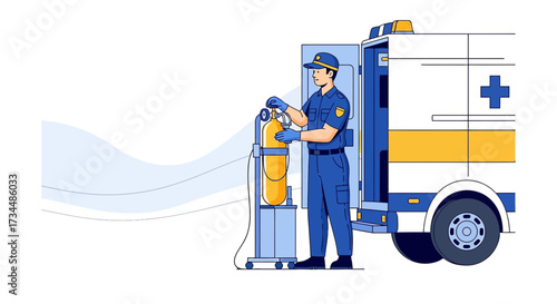 Paramedic preparing oxygen tank in ambulance for emergency medical services readiness