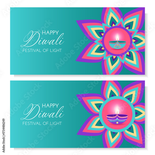 Collection of Diwali celebration cards with lamps diyas and rangoli in flat style. Deepavali vector illustration for banners, social media, cards