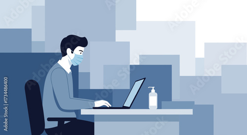 Professional working from home wearing a mask and using hand sanitizer for health safety
