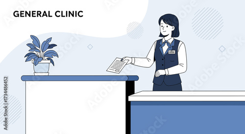 Receptionist at a general clinic receiving a document illustration style design presentation