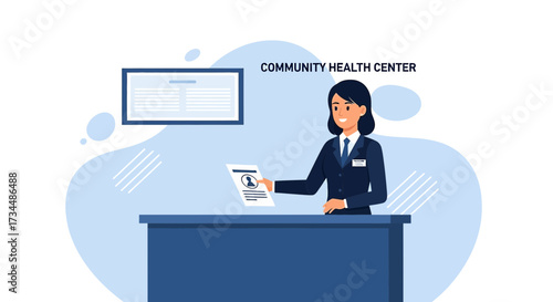 Receptionist providing documents at community health center service point vector illustration