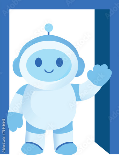 Cute blue robot standing in a doorway and waving, perfect for welcoming messages, onboarding screens, chatbots, customer support, and educational or tech-related projects.