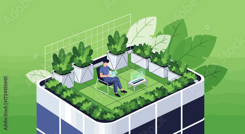 Rooftop relaxation vector illustration showcasing urban gardening and sustainable living concept