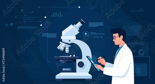 Scientist conducting research with a microscope and digital tablet in a lab illustration