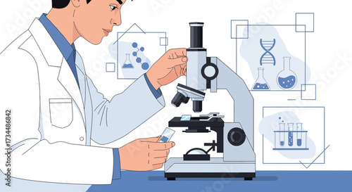 Scientist examining a sample under a microscope in a laboratory, showcasing science research
