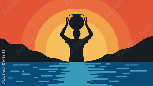 Woman carrying water pot at sunset, a silhouette against the beautiful sun rising over a serene lake, showcasing daily life in a remote village