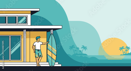 Serene coastal living illustration with surfer contemplating the ocean at sunset 60 characters