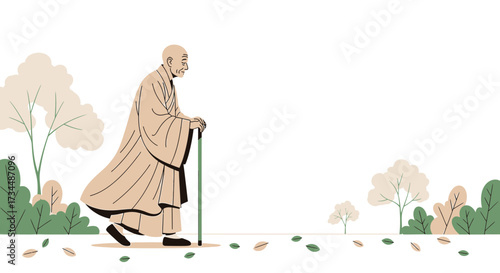 Serene illustration of an elderly monk walking in nature with a walking stick near trees