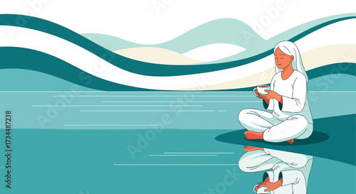 Serene morning meditation: A woman finds peace by the lake with a hot beverage