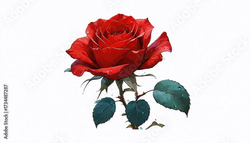 Single red rose flower isolated on white background for love and romance with a leaf, a beautiful nature blossom gift for Valentine's holiday