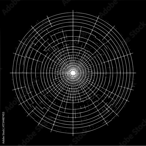 White circular grid pattern radiating from a central point on a black background creating a radial effect