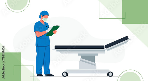 Surgeon reviewing patient chart next to the operation table in the hospital for medical concept