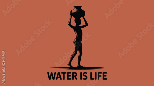 Powerful statement on water scarcity and human resilience as a person carries water jug in an artistic silhouette against a warm earth tone backdrop