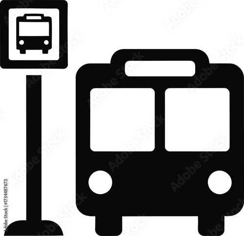 Simple black icon of a bus and bus stop sign