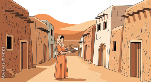 Traditional Middle Eastern Village Scene with Woman Carrying Bread in a Basket