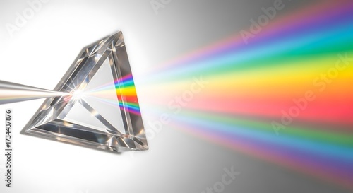 A prism disperses white light into a spectrum of colors creating a rainbow effect on a graywhite background
