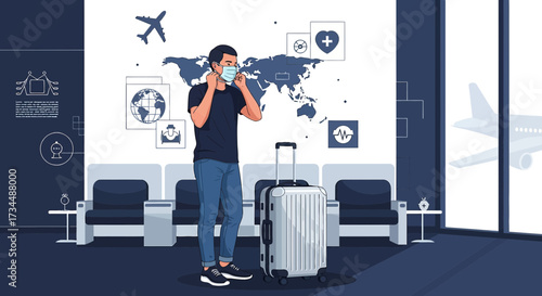 Travel during pandemic: Traveler adjusting mask at airport before flight departure