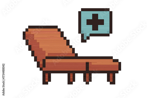 Psychologist couch pixel art icon. Psychotherapy session symbol. Mental health care concept. Retro 8-bit video game sprite. Psychoanalysis, psychiatry, counseling help sign.