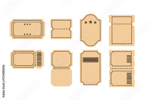Vector collection of blank retro ticket and coupon templates. Vintage paper texture for concert, event, or raffle entry. Admission stub with barcode. Old style voucher set.