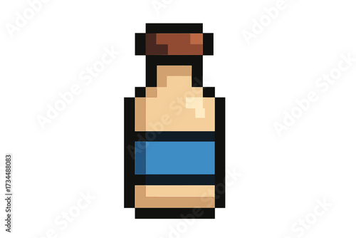 Pixel art bottle icon. 8-bit vector illustration of a potion or drink. Retro video game asset. Liquid container symbol for gaming. Cartoon style magic elixir object.