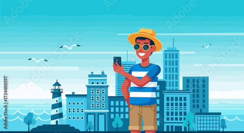 Trendy seaside vacation scene with a stylish man taking a selfie in a vibrant cityscape  background