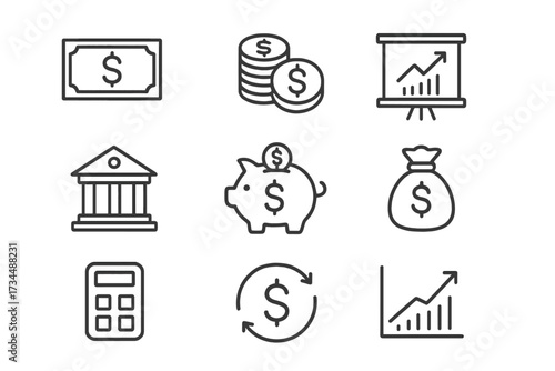 Finance & money outline icon set. Business investment symbols for banking, savings, and accounting. Contains dollar bill, coins, piggy bank, calculator, growth chart, money bag.