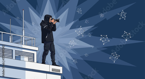 Urban Photographer Capturing Futuristic Data Visualization on a Rooftop Art Piece