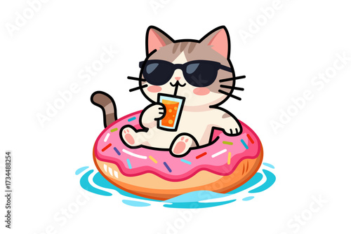 Cartoon cat wearing sunglasses floating on a donut in water, drinking from a glass with a straw.