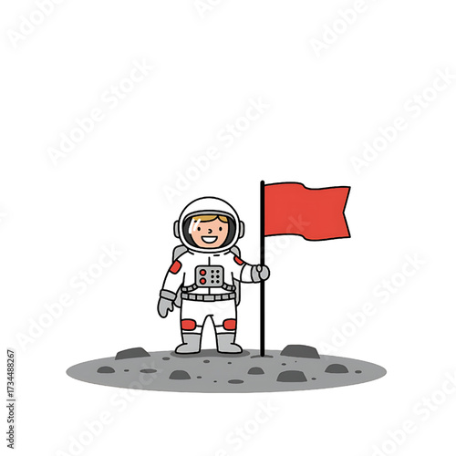 Astronaut on the Moon with Flag Cartoon Illustration Space Exploration Concept