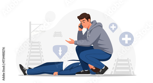 Urgent Assistance: Man Calling for Help After Train Accident Illustration Depicts Prompt Response
