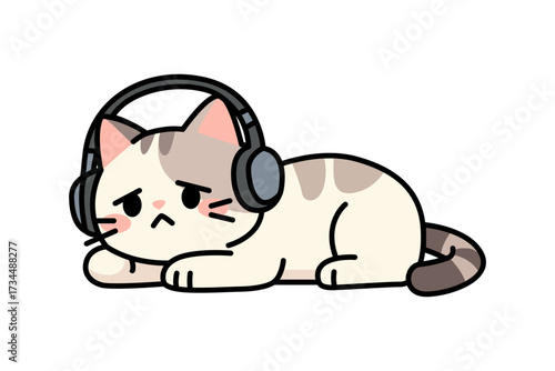 A cartoon cat wearing headphones looking slightly sad, lying down.