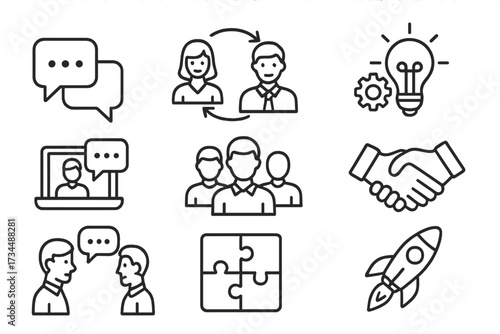 Business icon collection. Thin line style symbols. Concept of communication, teamwork, innovation, startup, growth, strategy, solution, partnership. Corporate management icons.