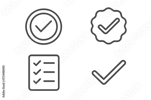 Check mark web icons in line style. Set includes stamp, check list, verified, approval, and accepted symbols. Vector for quality control, done, ok, passed test, and select.