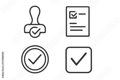 Vector check mark web icons. Line style stamp, checklist, verified, and accepted symbols. Approval and quality control concept. Correct choice, task done, positive vote sign.