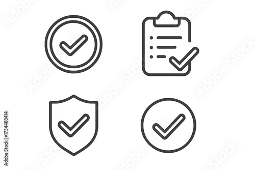 Check mark icon set. Line art symbols for approval, verification, and acceptance. Vector checklist, security shield, and certified stamp. Quality and success concept.